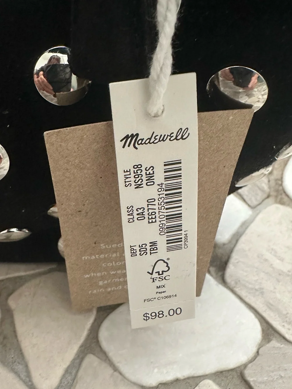 Madewell Mini Bag in True Black Multi, suede adorned with silver dome studs. NWT